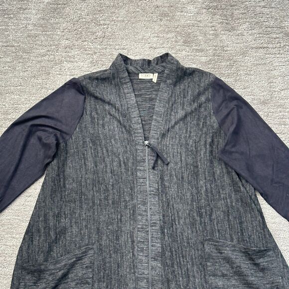 LOGO Lori Goldstein Sweater Women L Gray Black Pockets Faux Suede Sleeves Jacket - Picture 2 of 10